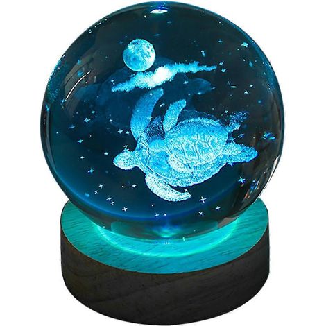 Lampe boule de cristal tortue 3D Newway avec socle en bois, veilleuse colorée de 6 cm, idéale pour la décoration intérieure. Cadeau parfait. (1/5)