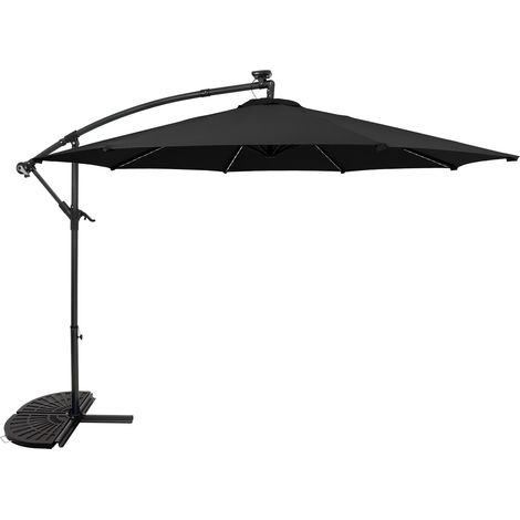 Parasol Banane à Mât Déporté Suspendu Noir à LED Solaire 3 m & Demi-Pied Jardin Terrasse Extérieur Manche Manivelle Imperméable Protection Aux UV Base Croisé 8 Baleines [Housse de Pluie INCLUS]