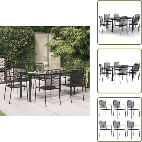 Comedor exterior - vidaXL Juego de comedor jardín 7 pzas acero y cuerda de algodón negro - Sillas de comedor