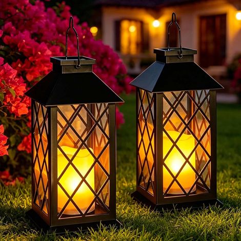 Solarlaterne – 2-teilig – Glas und ABS – Realistische Flamme – Garten und Friedhof – Schwarz (1/5)