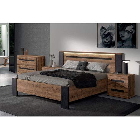 CANDAS - Chambre 140x190cm + Chevets + Commode Effet Bois (1/5)