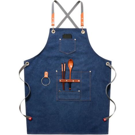 (Blue) High-quality cowboy apron with pockets for hairdresser, painter, gardener, hair stylist for women and men (1/4)
