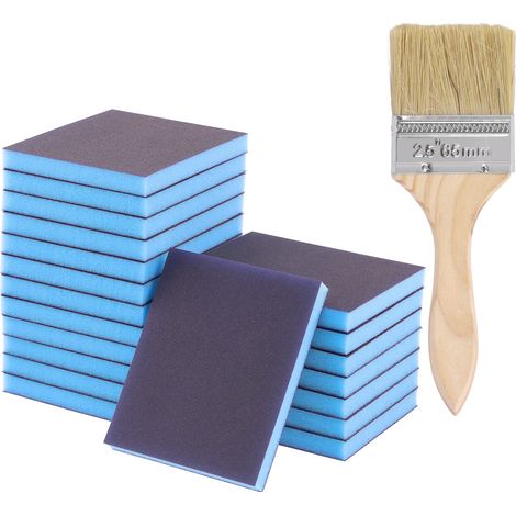 Le kit de 21 éponges de ponçage grain 220 comprend 20 blocs de ponçage réutilisables et lavables de 120 x 100 x 12 mm avec 1 pinceau pour bois, métal, peinture et cloison sèche (1/5)