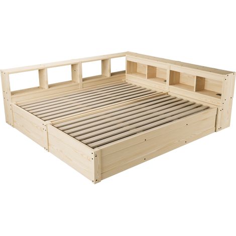 Cama multifunción 90/180 x 200 cm de madera natural con enchufe EU, LED y almacenaje (1/5)