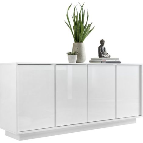 Buffet 4 portes, collection CREAM, coloris blanc laqué brillant, idéal pour un salon ou une salle à manger design (1/3)