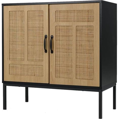 GOPLUS Armoire de Rangement, Buffet avec 2 Portes en Rotin Naturel, Étagère Réglable en 3 Positions, Pieds Métalliques, Kits Antibasculement, Meuble Autonome pour Cuisine, Salle à Manger (Noir) (1/5)