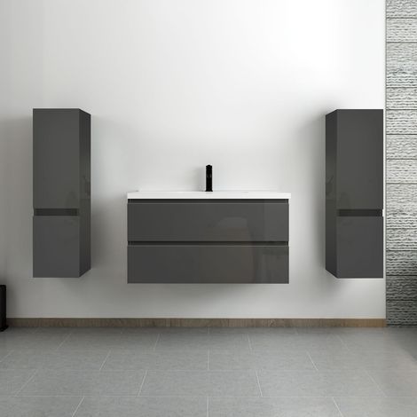 Ocean ensemble meuble salle de bain 100 cm anthracite brillant avec 2 tiroirs à fermeture automatique, lavabo céramique simple + 2 colonnes, suspendu