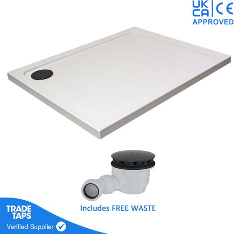 1100 x 800mm White Rectangular 45mm Low Profile Shower Tray with Matt Black Waste