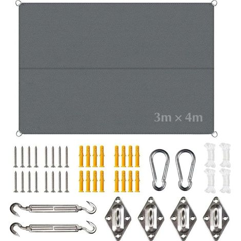 Wasserdichtes Sonnensegel 3 x 4 m, rechteckiges Sonnensegel mit Sonnensegel-Befestigung, bietet UV-Schutz, für Terrassen, Gärten, Balkone und Pergola, dunkelgrau