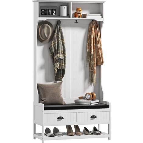 Porte-manteau avec crochets, armoire avec banc à chaussures, pour l'entrée et le couloir, couloir, métal, MDF, blanc et gris (1/5)