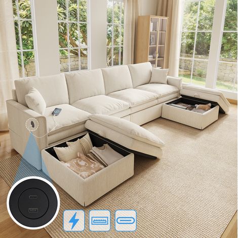 MODFU – Divano angolare modulabile 6 posti 277x135 cm in cotone-lino con USB, Type-C, 2 pouf contenitore, schiuma ad alta elasticità e molle insacchettate – Beige (1/5)
