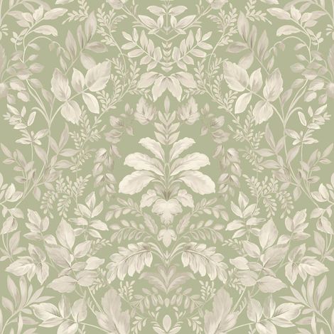 Sage Green Damask Leaf Wallpaper Holden Classic Natural Leaves Tree Floral Cream