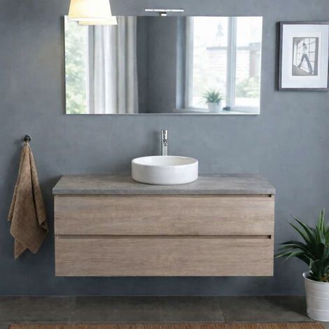 Mobile Bagno Sospeso 120 Cm Rovere Well Con Top Beton Specchio 120X60 E Lampada Berlin
