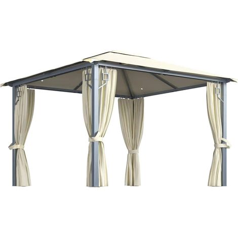 vidaXL Cenador con cortina y tira de luz LED aluminio crema 300x300cm (1/2)