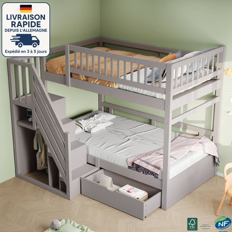 MODFU - Letto a castello 90x200 cm, legno certificato PEFC, letto di sicurezza rinforzato con sponde alte, rete a doghe, scaletta di sicurezza con contenitore, cassetti portaoggetti - grigio (1/5)