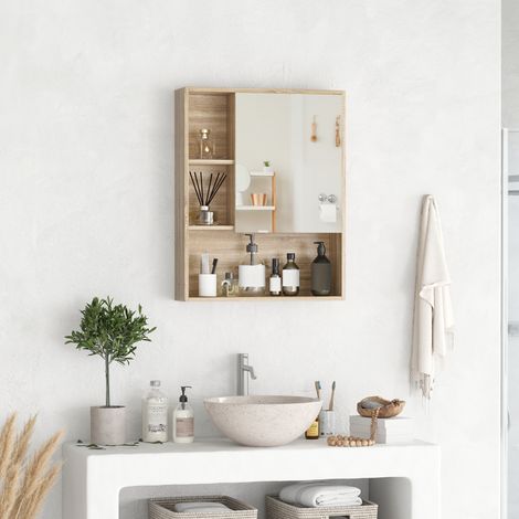 Kleankin Spiegelschrank fürs Badezimmer, Wandmontage mit höhenverstellbarem Einlegeboden, Innenraum, offene Regalfächer, 60 x 15 x 76 cm, Eichenmaserung