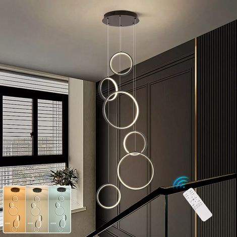Lustre Moderne avec Télécommande, Luminaire Suspendu LED à Gradation Continue, 6 Anneaux - Plafonnier, 3 Températures de Couleur, H. 300 cm (1/5)