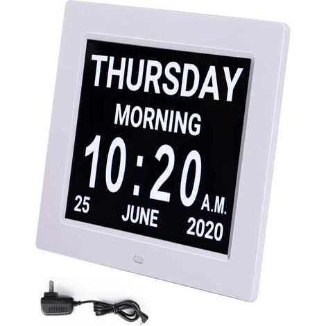 Sveglia digitale con calendario e visualizzazione del giorno su un ampio schermo da 8 pollici, AM/PM, 5 allarmi, ideale per persone affette da demenza. (1/2)