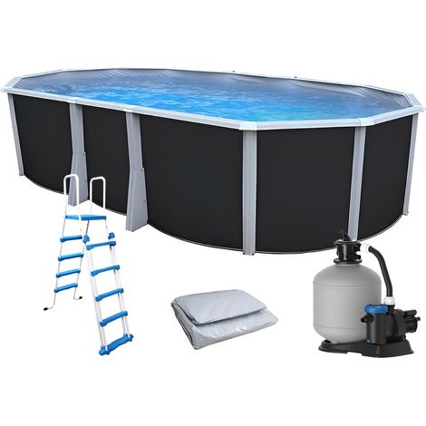 Kit piscine hors-sol acier Toi ANTHRACITE IBIZA ovale 640X366X132cm liner gris (1/5)