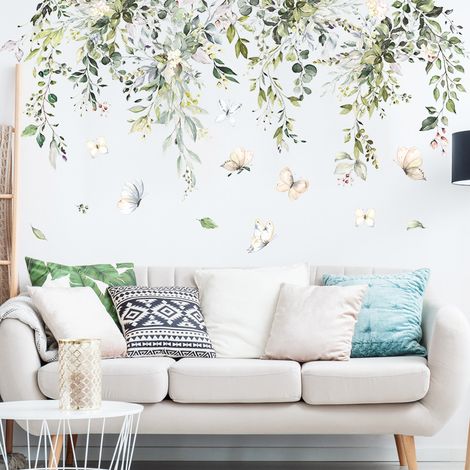 Grüne tropische Blatt-Wandaufkleber, Wandtattoos, Pflanzen, hängende Blumenranken für Schlafzimmer, Wohnzimmer, (1/5)