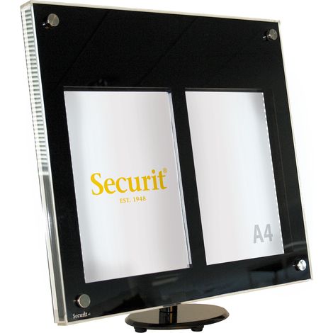 Présentoir LED - acrylique Noir - pied de table inclus (ou kit d'accrochage mural) - présente 2x pages A4 - Securit