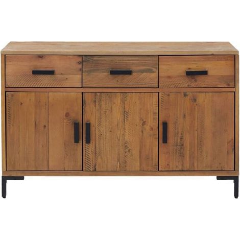 Buffet Bas de Cuisine en Bois Massif Pin, 110x35x70 cm, Meuble Rangement avec Portes et Tiroirs, Style Rustique Moderne, Couleur Marron (1/5)