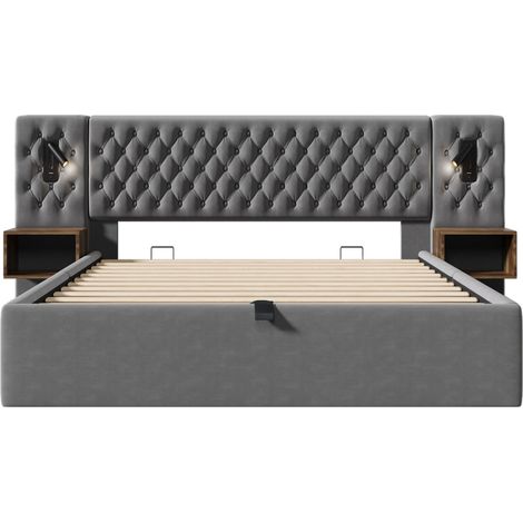 Cama canapé 180x200 cm con 2 mesillas, luces USB-C, terciopelo gris MODENUIT (1/5)