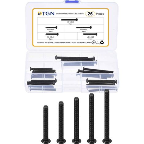 25Pcs M5-0.8x40/45/50/55/60mm Bouton Hex Vis À Tête Fraisée - Kit Assortiment Boulons En Acier Au Carbone - Velo De Route, VTT, Auto (1/5)