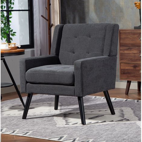 REDOM - Poltrona capitonné, cuscino spesso, gambe in legno con piedini antiscivolo, rivestimento in lino trapuntato grigio scuro (1/5)