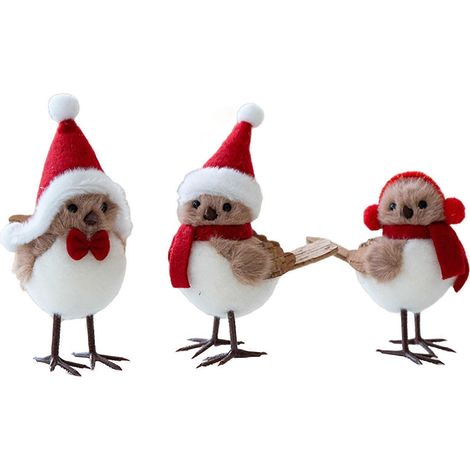 3 Pièces poilu oiseau Figurines, peluche mousse Birds avec écharpe pour le sapin de Noël et manteau de cheminée (1/5)