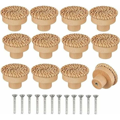 Conjunto de 12 tiradores de cajón de ratán estilo bohemio, hechos a mano con tornillos, perfectos para muebles, cajones y armarios. (1/4)