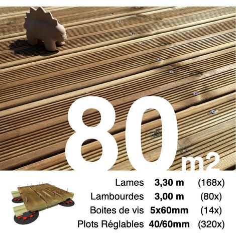 Kit complet terrasse Pin autoclave Marron pour 80 m² • Lames 3,3 m, lambourdes 3 m, plots réglables et visserie Inox • Livraison gratuite