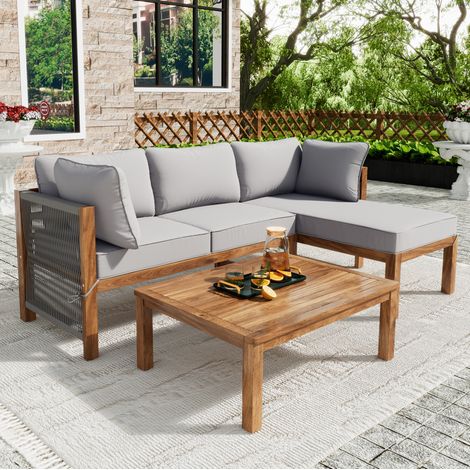 divano seduta giardino legno acacia con tavolo grigio HAVRYA (1/5)