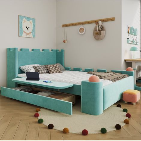 Letto imbottito per bambini 140x200 cm, con mensola pieghevole e cassetto, in velluto, blu verde, senza materasso (1/5)