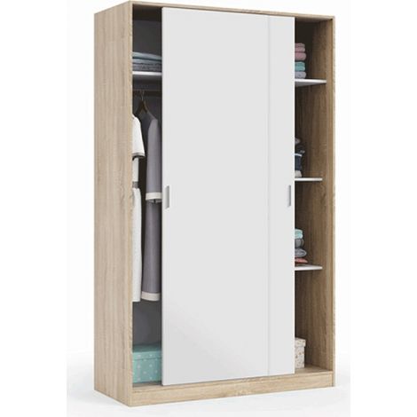 Pegane – Armoire 2 portes coulissantes blanc/chêne canadien – Dimensions L 200 x H 120 x P 50 cm – Mélamine – Rangement optimisé (1/2)