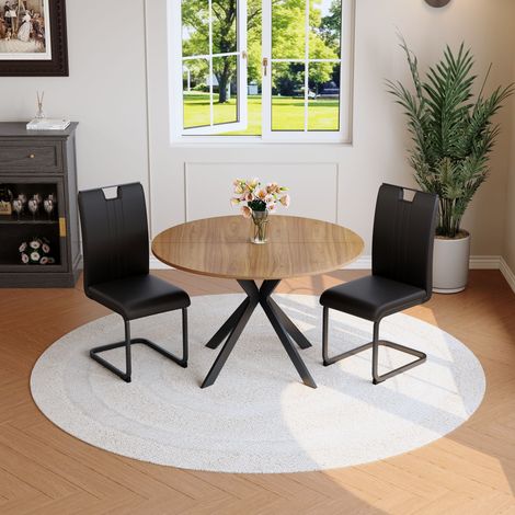 Ensemble de salle à manger avec table ronde et 2 chaises à manger, Ensemble de cuisine moderne en bois et cuir artificiel, chaises à cantilever avec cadre métallique pour salle à manger et cuisine