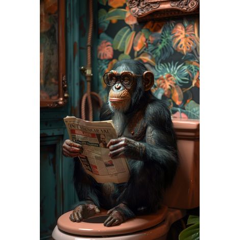 Tableau sur toile Singe lecteur de journal aux toilettes 65x97 cm - Impression sur Toile Murale Décorative - Image imprimée en HD sur Toile - Toile sur Châssis en Bois FSC - Fabriqué en France