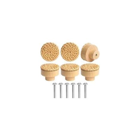 6 pcs Boutons de Meuble en Rotin Bois, Poignée Meuble, Boutons de Portes pour Placards, 40 mm Poignet de Tiroir, pour Décoration D'intérieur, Placard, Penderie, Tiroir, Armoires de Cuisine (1/5)
