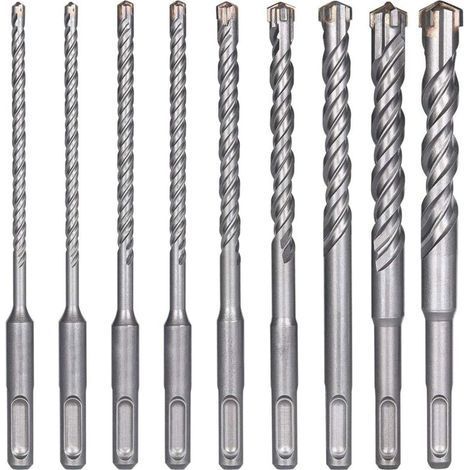 Forets à Béton, 9PCS (5 mm 16x160 mm) Foret Carrelage, Foret à Percussion Électrique SDS-Plus pour Perforateur, Forets Transversaux pour Béton, Brique, Pierre, Naturelle, Métal (1/5)