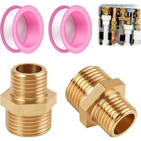 Raccord Tuyau Gaz 1/4" vers 3/8" LH, Lot de 2, Double Mamelon Laiton (1/5)