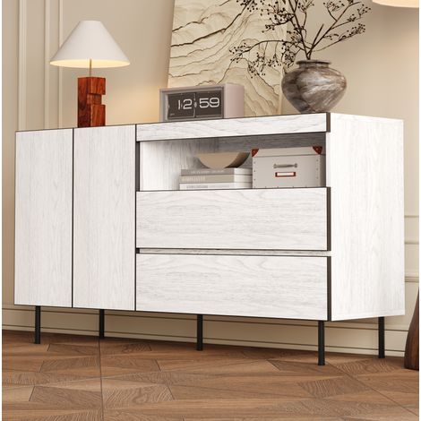 MODFU – Credenza contenitore 140x42x77 cm in pannelli con 2 ante, 2 cassetti, mensole aperte, portata 80 kg e cerniere ammortizzate – Bianco (1/5)