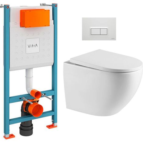 Vitra  Pack inodoro V-Fix + inodoro sin brida SAT + asiento SoftClose + placa, Blanco Brillante (V-FixFusionTQ-1)