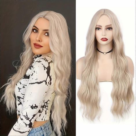 Perruque blonde longue ondulée synthétique, perruque blonde platine avec raie au milieu, perruque blonde naturelle, perruques pour femmes blanches (1/5)