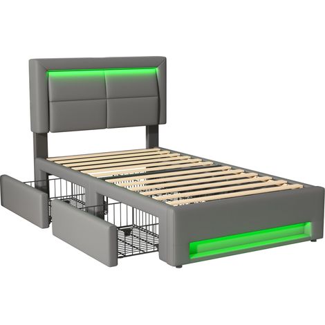 Cama tapizada 90x200 cm de PU gris con USB, LED y 4 cajones, sin colchón (1/5)
