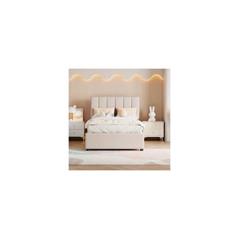 Lit coffre 90x200 cm lit simple avec espace de rangement hydraulique, tissu en Lin, beige, sans matelas (1/5)