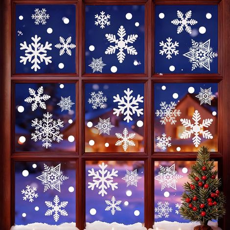 Autocollants statiques (sans colle) pour fenêtre : flocons de neige blancs (décorations pour Noël, fête thème « La Reine des Neiges » ou Nouvel An) (1/5)