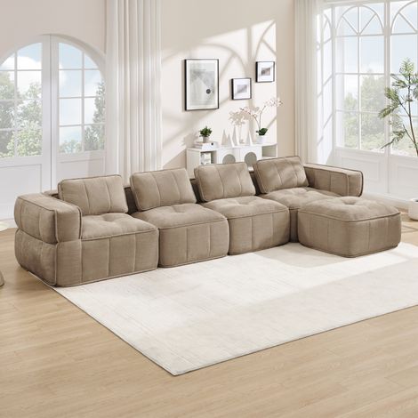 Modulares 4-Sitzer-Ecksofa 344×162×67 cm aus Polyester, Sand, mit Hocker – MEUBLIV (1/5)