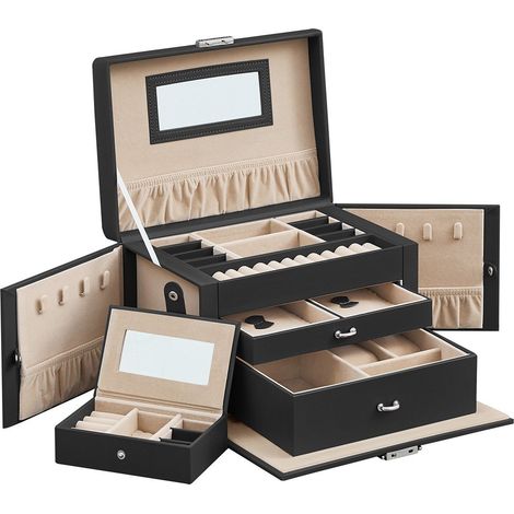 Songmics – Boîte à bijoux noire – Organisateur avec 2 tiroirs et miroir – Coffre verrouillable en velours – Dimensions 26 x 18 x 17 cm
