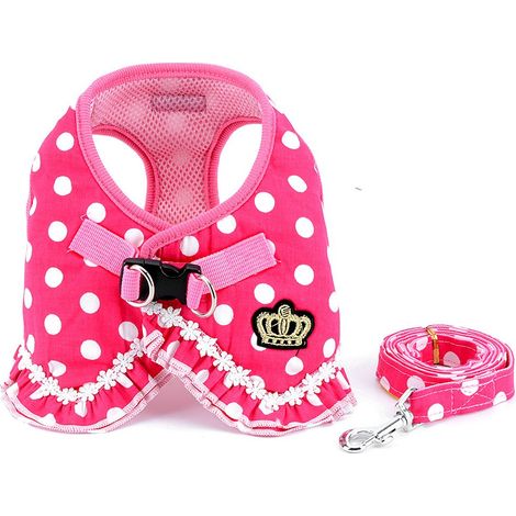 Ensemble harnais et laisse rembourrés en maille douce pour petit chien, chiot et chat de petite taille Motif à pois Rose Taille M (1/5)