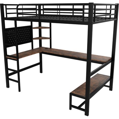 Lit mezzanine 90 x 200 cm en métal avec bureau, étagères, échelle, LED et USB-C (1/5)